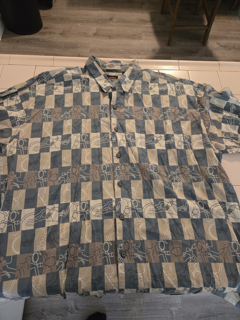 Harley-Davidson Blue and Cream Checker Print Button-Down Shirt